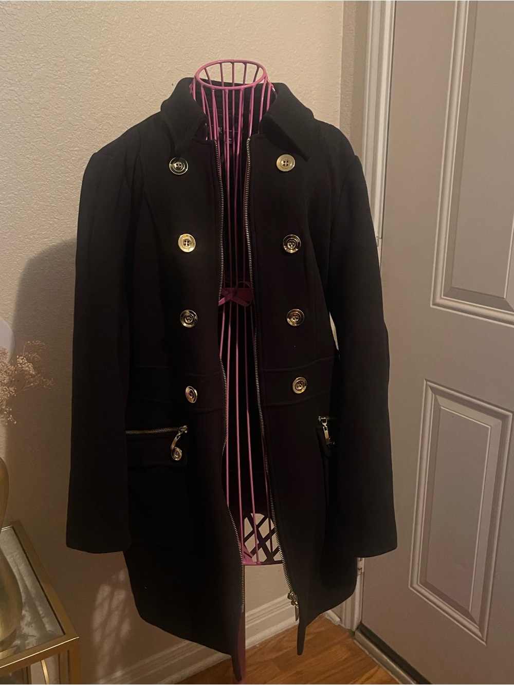 INC International Concepts Black Double-Breasted Pea Coat with Gold Buttons
